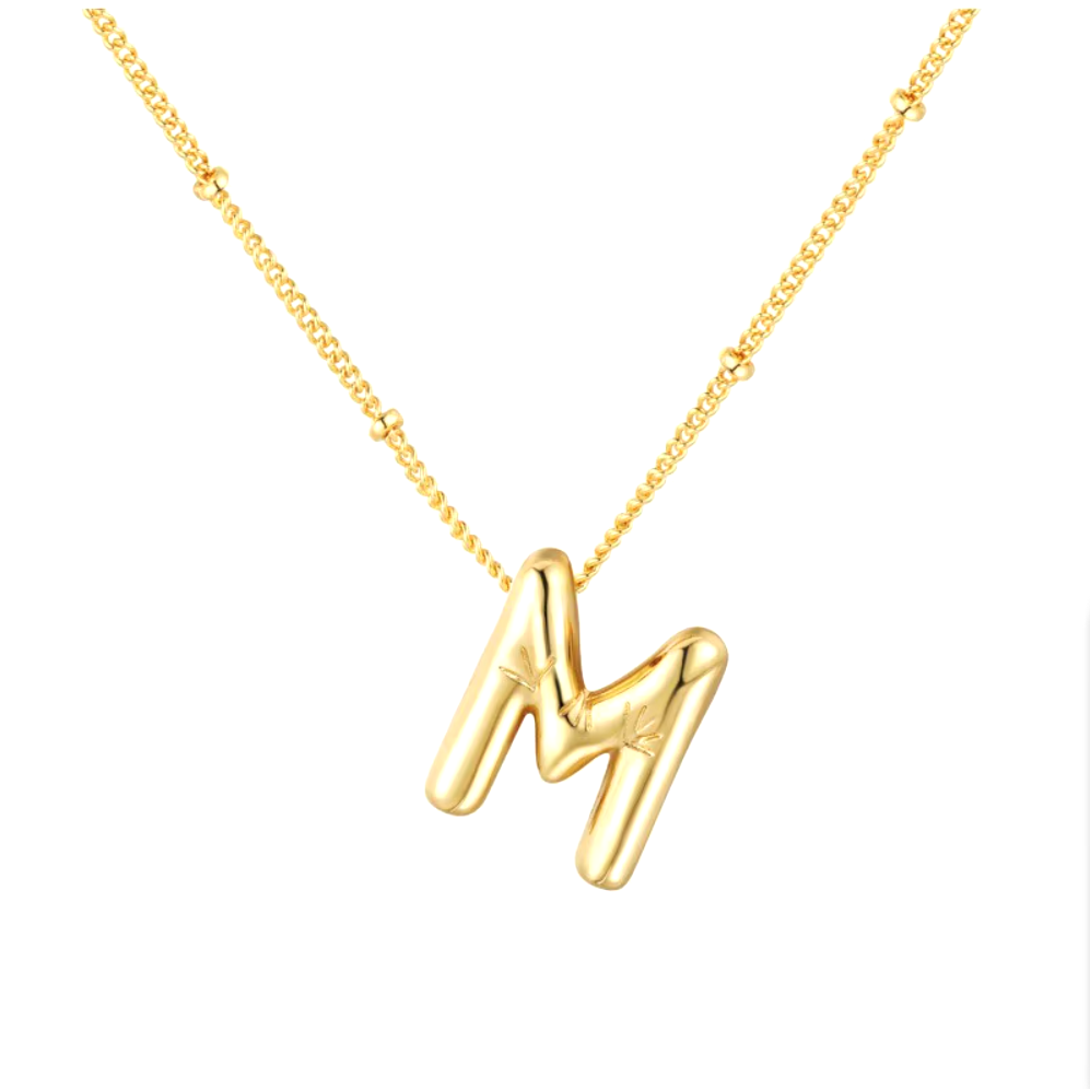 3D Bubble Initial Necklace - Polished Stainless Steel | Gold Puffed Letter Pendant