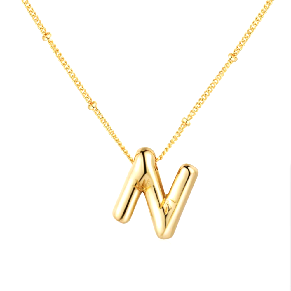 3D Bubble Initial Necklace - Polished Stainless Steel | Gold Puffed Letter Pendant