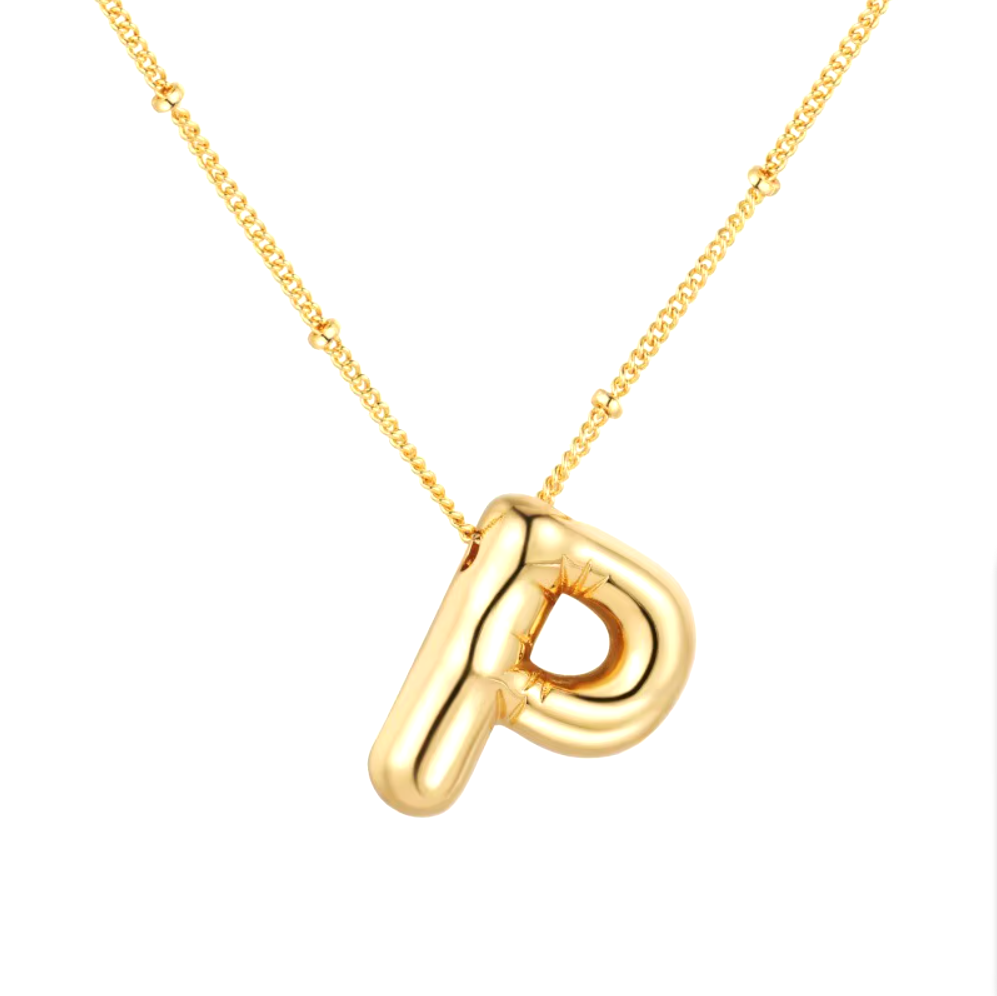 3D Bubble Initial Necklace - Polished Stainless Steel | Gold Puffed Letter Pendant