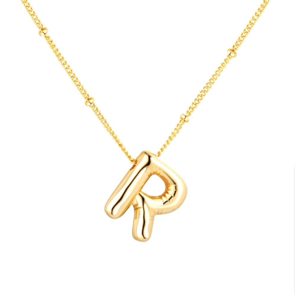 3D Bubble Initial Necklace - Polished Stainless Steel | Gold Puffed Letter Pendant