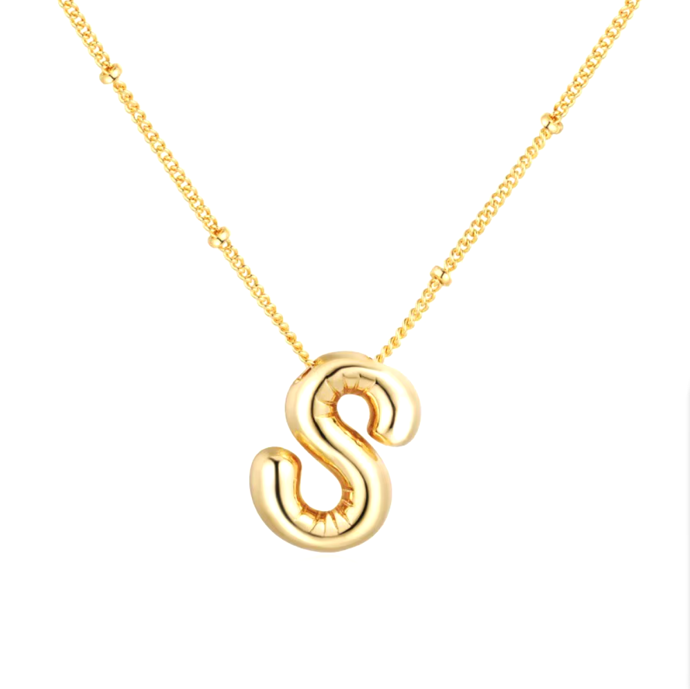 3D Bubble Initial Necklace - Polished Stainless Steel | Gold Puffed Letter Pendant