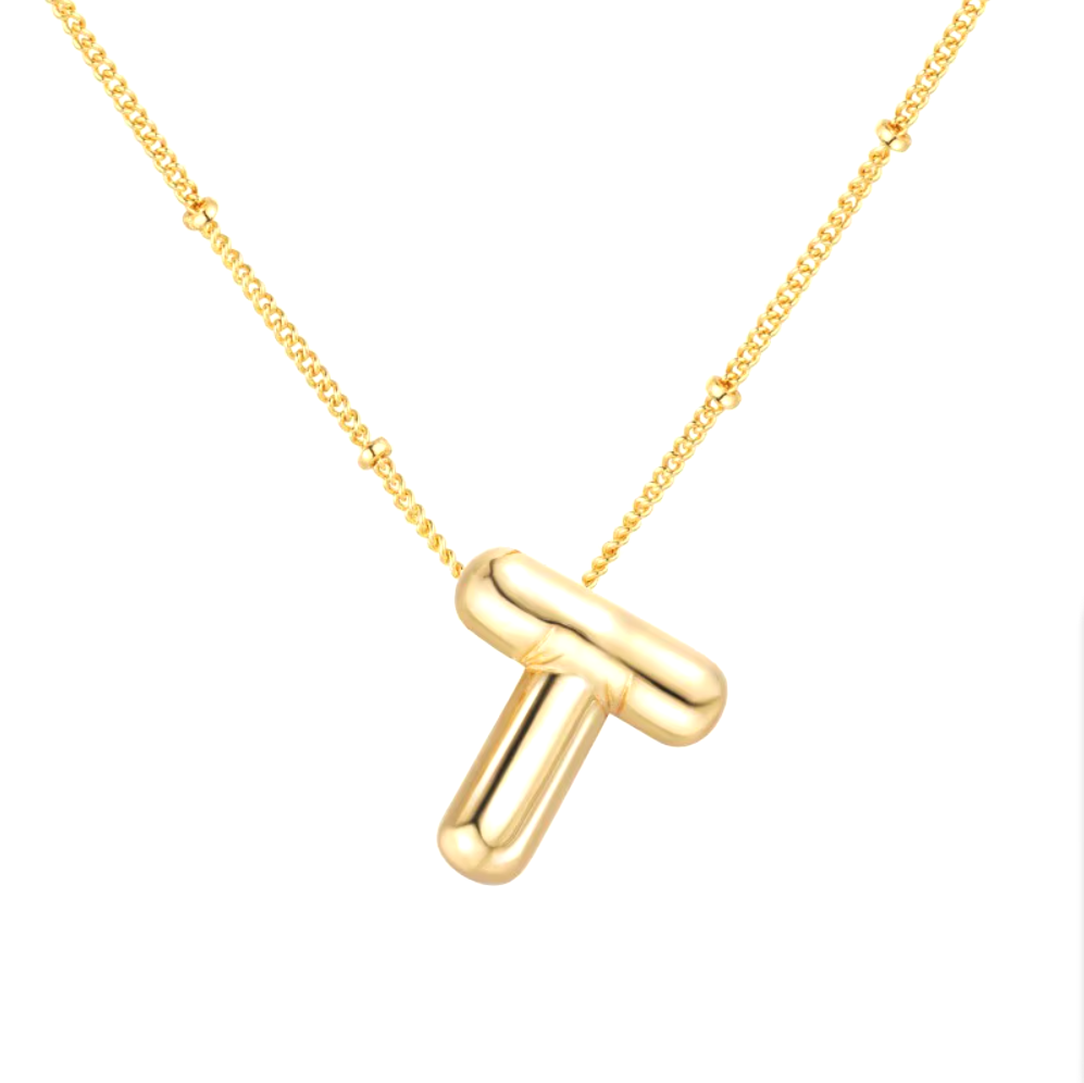 3D Bubble Initial Necklace - Polished Stainless Steel | Gold Puffed Letter Pendant