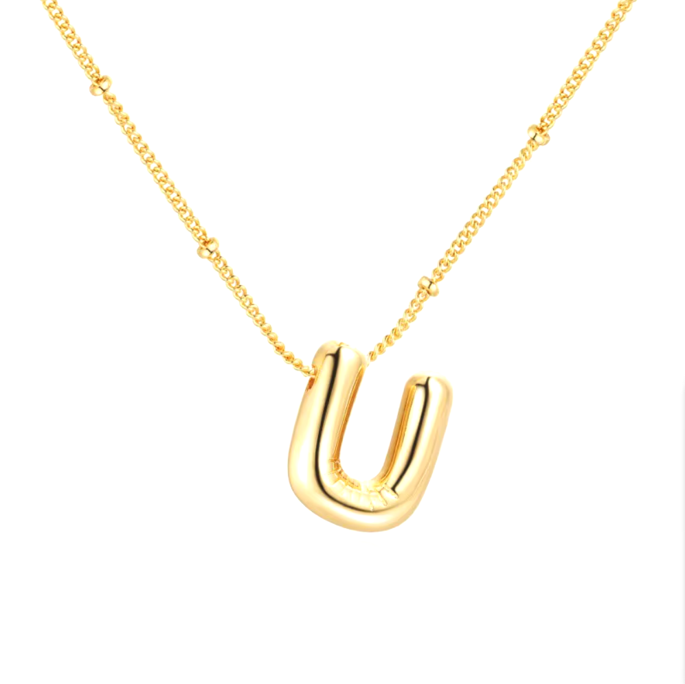 3D Bubble Initial Necklace - Polished Stainless Steel | Gold Puffed Letter Pendant