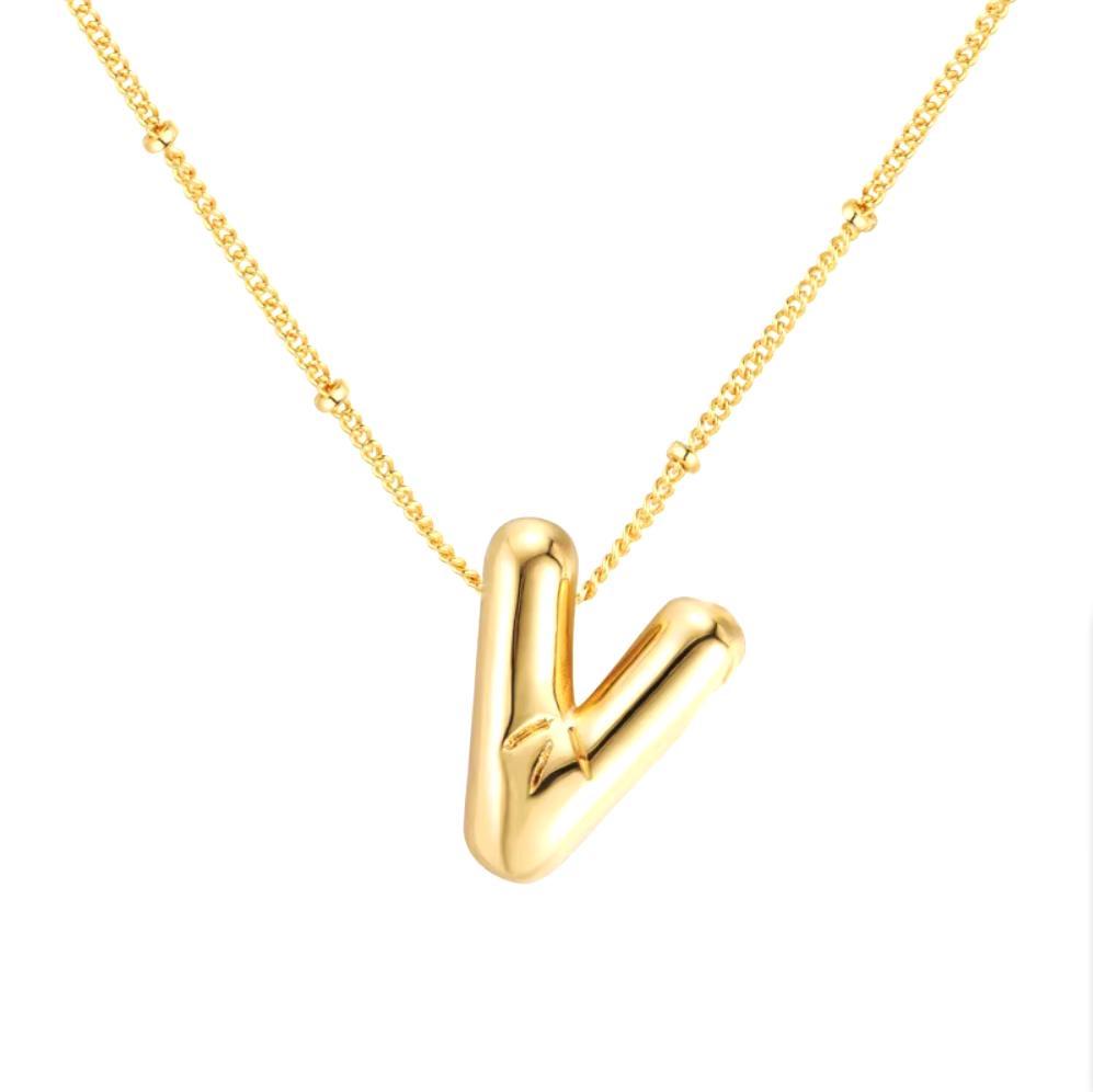 3D Bubble Initial Necklace - Polished Stainless Steel | Gold Puffed Letter Pendant