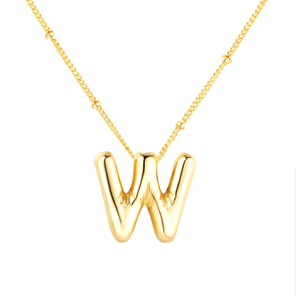 3D Bubble Initial Necklace - Polished Stainless Steel | Gold Puffed Letter Pendant