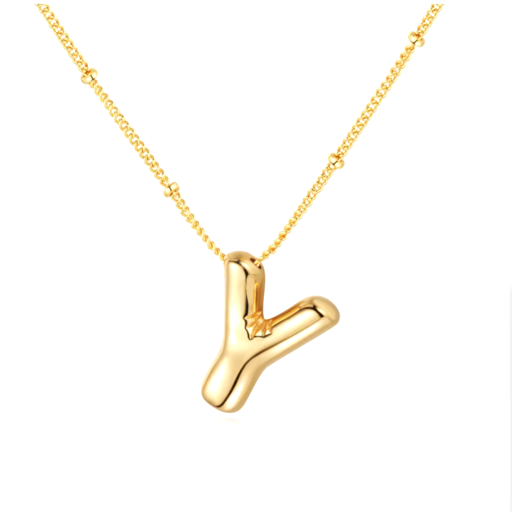 3D Bubble Initial Necklace - Polished Stainless Steel | Gold Puffed Letter Pendant