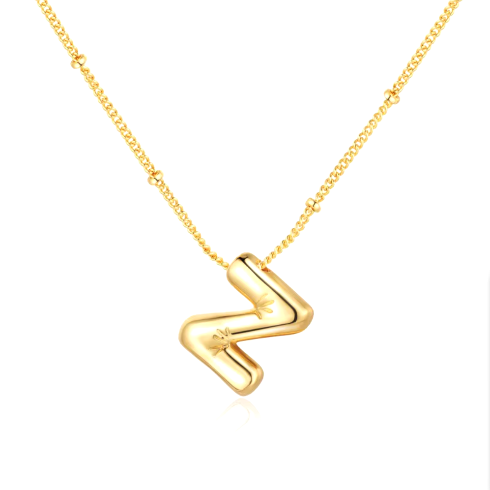 3D Bubble Initial Necklace - Polished Stainless Steel | Gold Puffed Letter Pendant