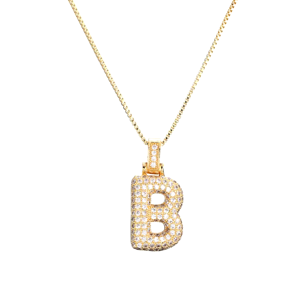 Custom Initial Necklace - 3D Bubble Letter Pendant with Cubic Zirconia Crystals | Stainless Steel Chain