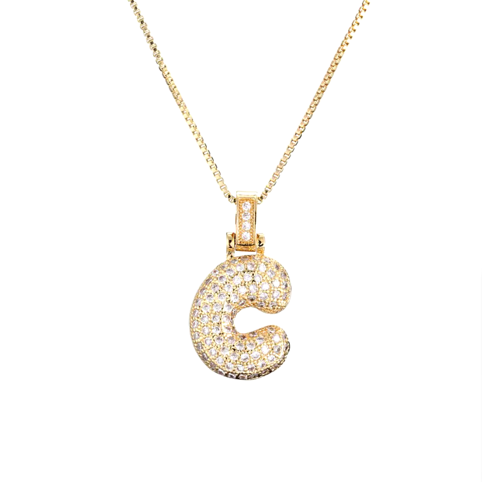 Custom Initial Necklace - 3D Bubble Letter Pendant with Cubic Zirconia Crystals | Stainless Steel Chain