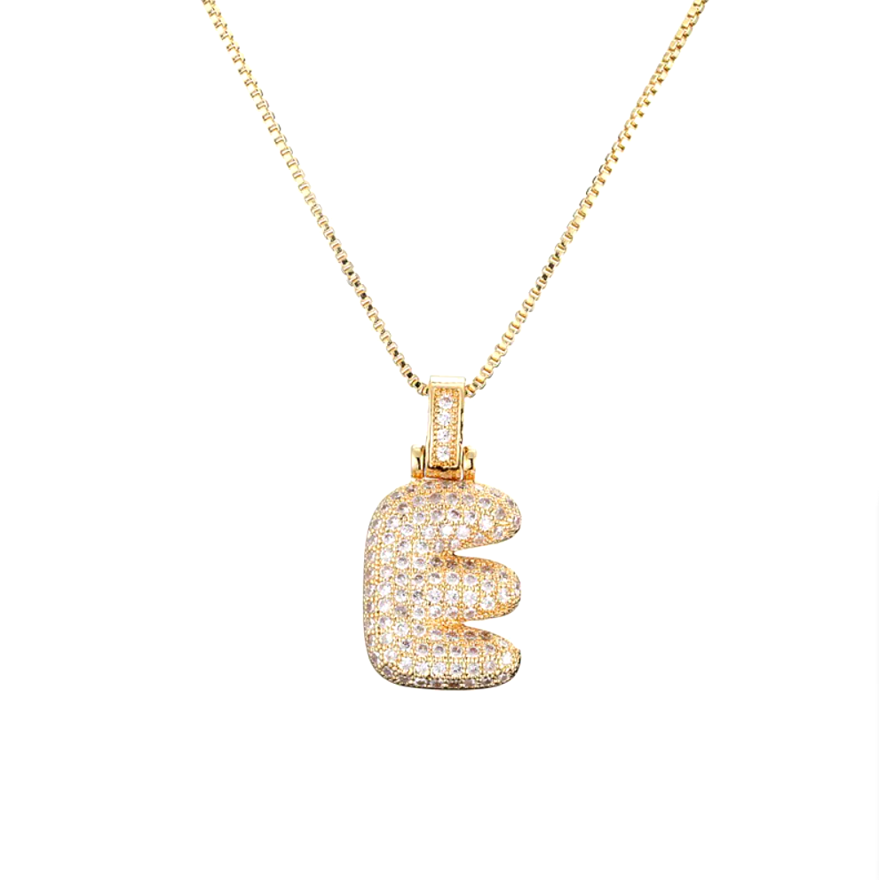 Custom Initial Necklace - 3D Bubble Letter Pendant with Cubic Zirconia Crystals | Stainless Steel Chain