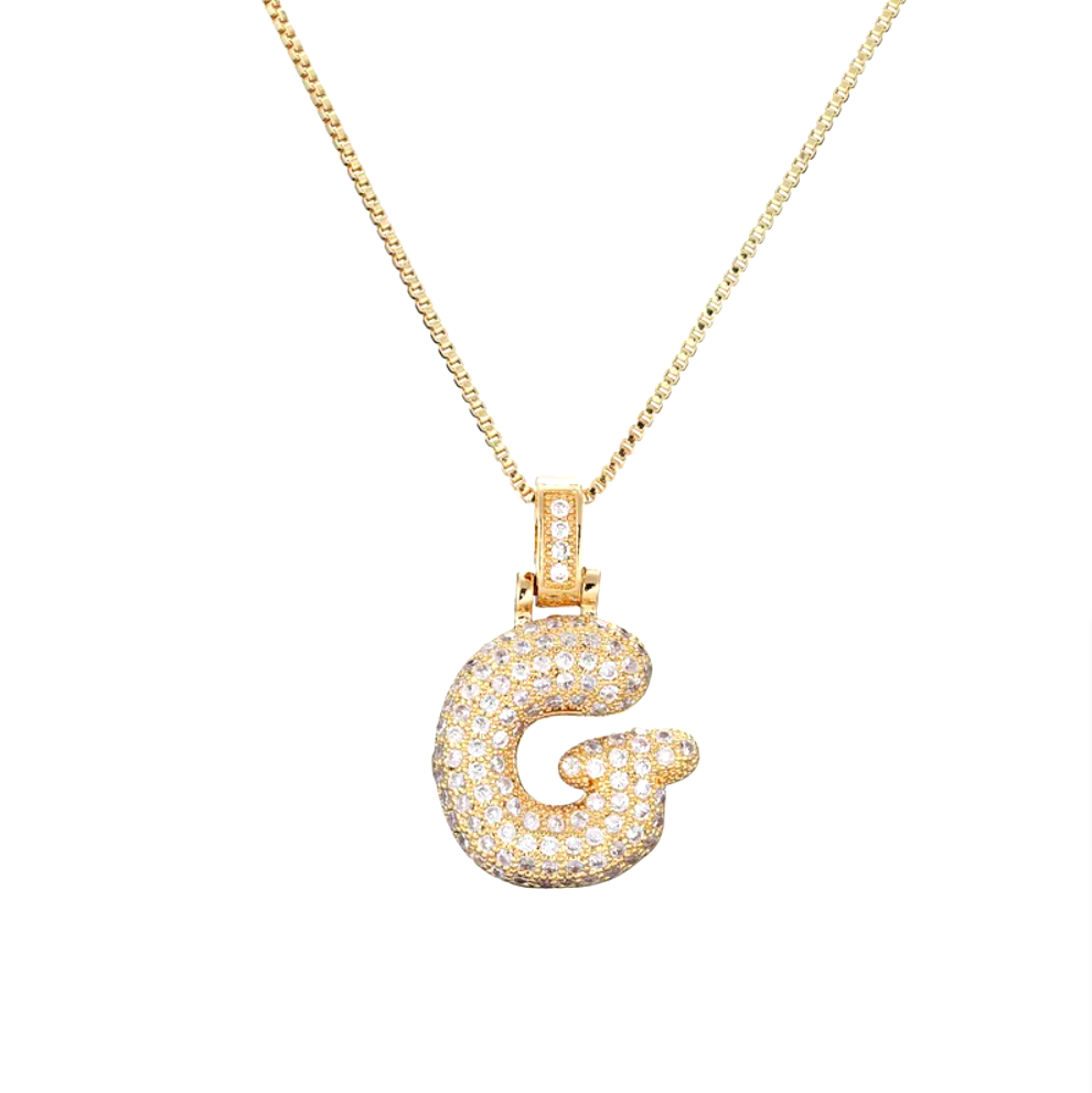 Custom Initial Necklace - 3D Bubble Letter Pendant with Cubic Zirconia Crystals | Stainless Steel Chain