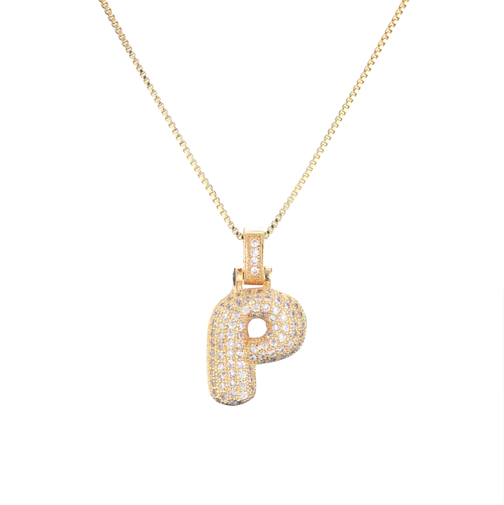 Custom Initial Necklace - 3D Bubble Letter Pendant with Cubic Zirconia Crystals | Stainless Steel Chain