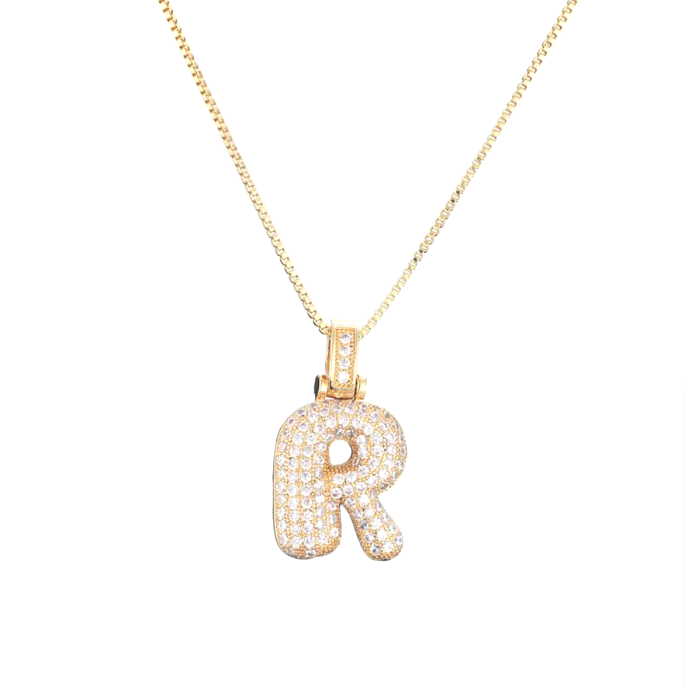 Custom Initial Necklace - 3D Bubble Letter Pendant with Cubic Zirconia Crystals | Stainless Steel Chain