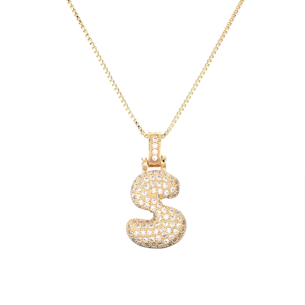 Custom Initial Necklace - 3D Bubble Letter Pendant with Cubic Zirconia Crystals | Stainless Steel Chain