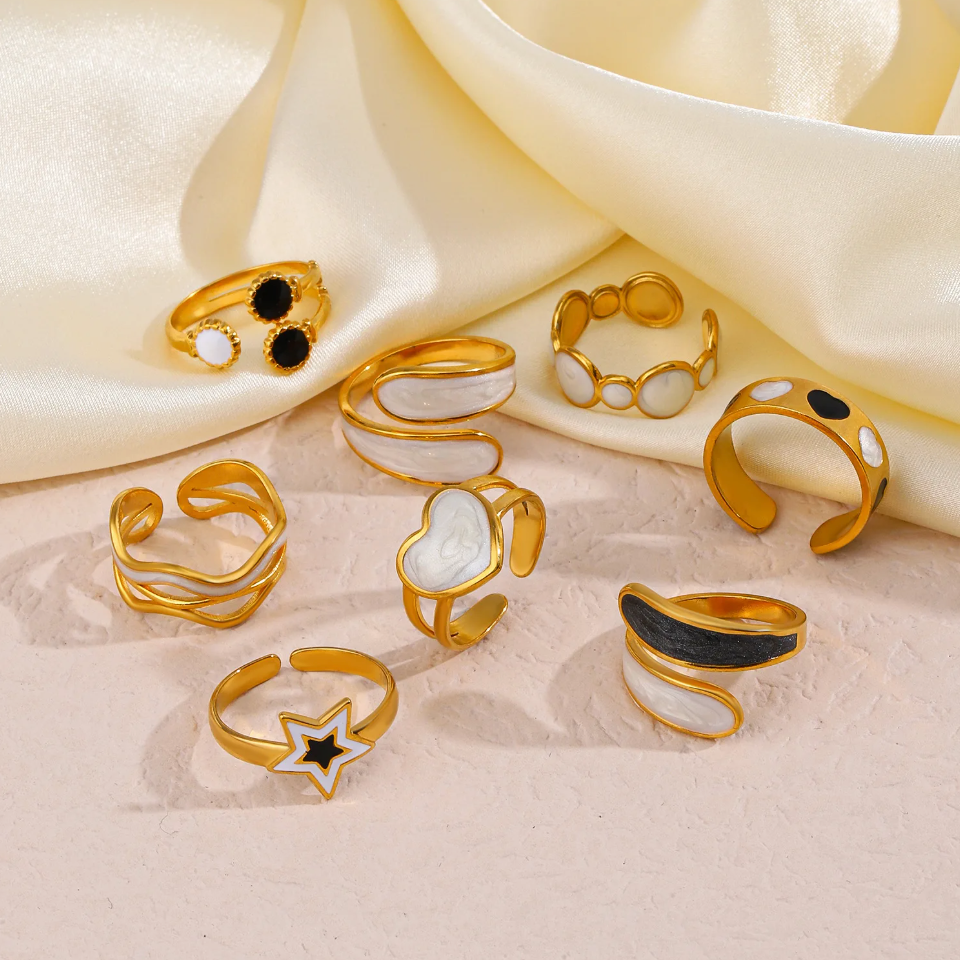 Marble Heart Double Band Ring | 18K Gold Adjustable