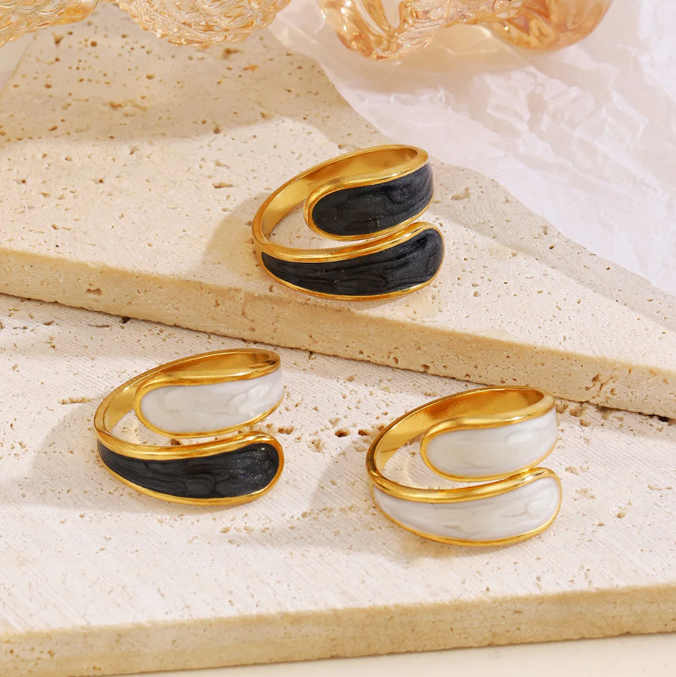 Black Enamel Wrap Ring | 18K Gold Adjustable Cuff