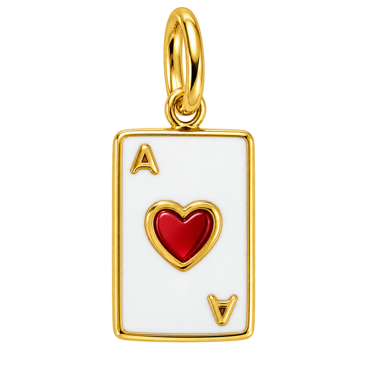 White and gold-tone Ace of Hearts playing card charm with red heart