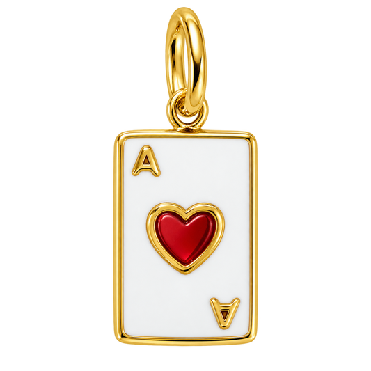 White and gold-tone Ace of Hearts playing card charm with red heart