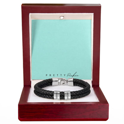 Men's Leather Bracelet with Up to 6 Names