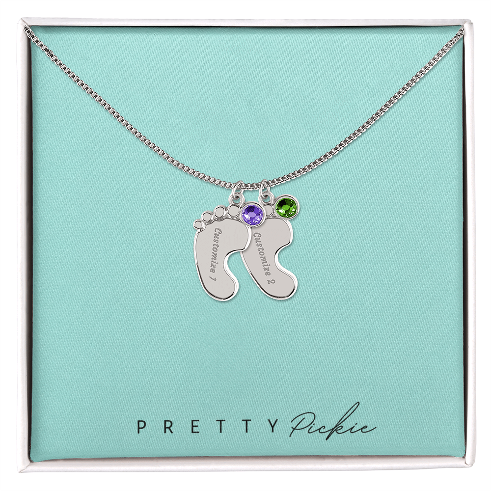 Baby Feet Necklace with Names and Birthstones