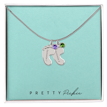 Baby Feet Necklace with Names and Birthstones