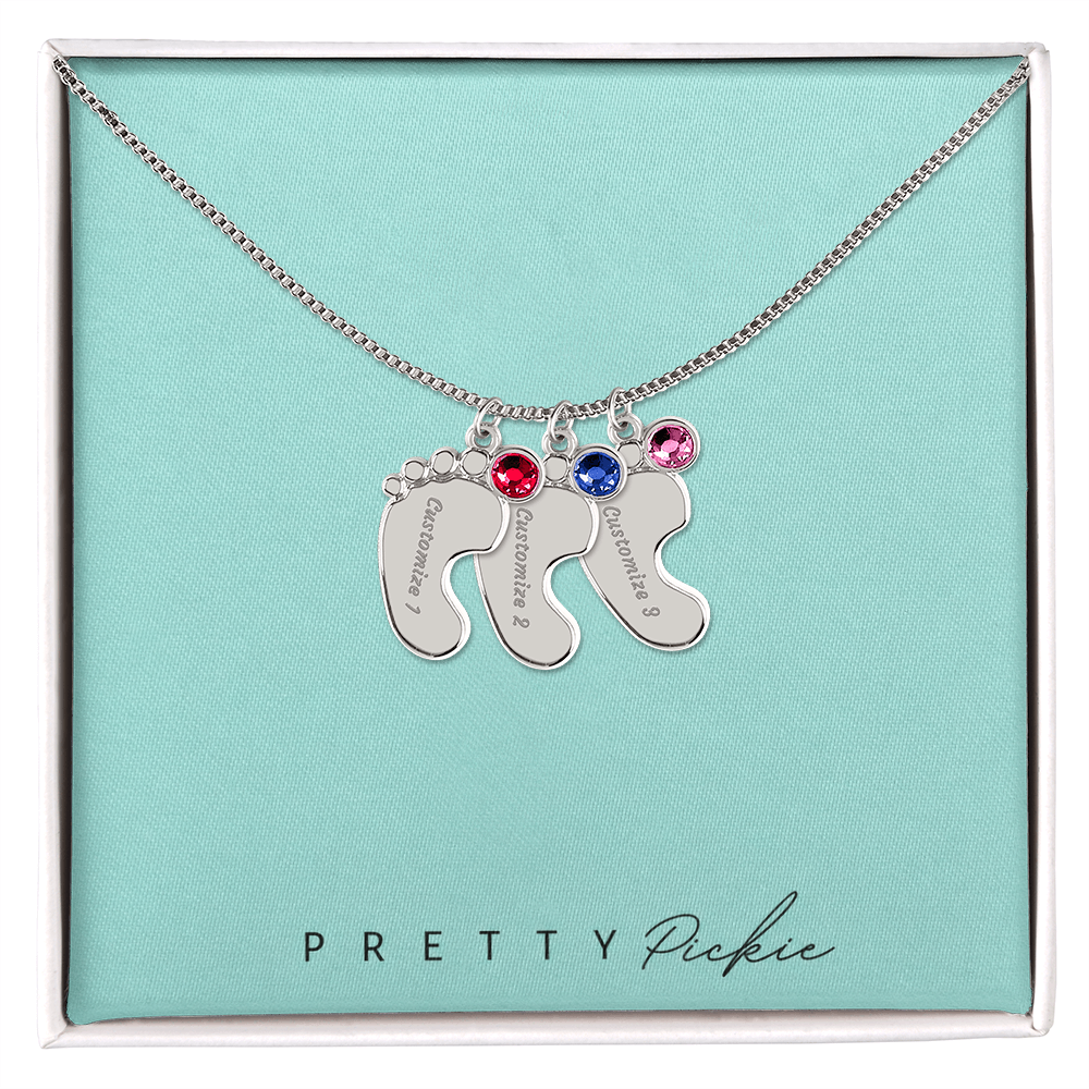 Baby Feet Necklace with Names and Birthstones