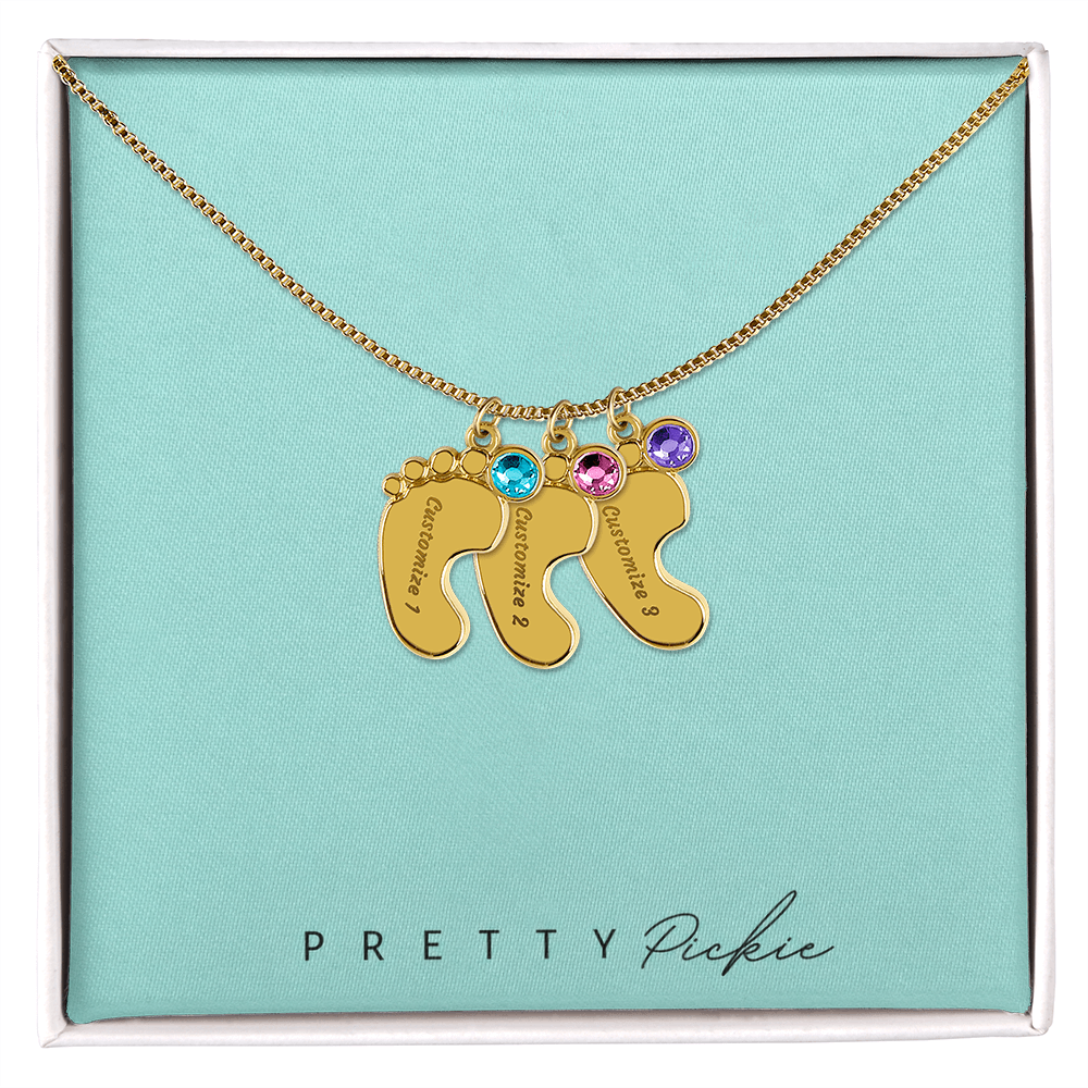 Baby Feet Necklace with Names and Birthstones