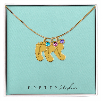 Baby Feet Necklace with Names and Birthstones