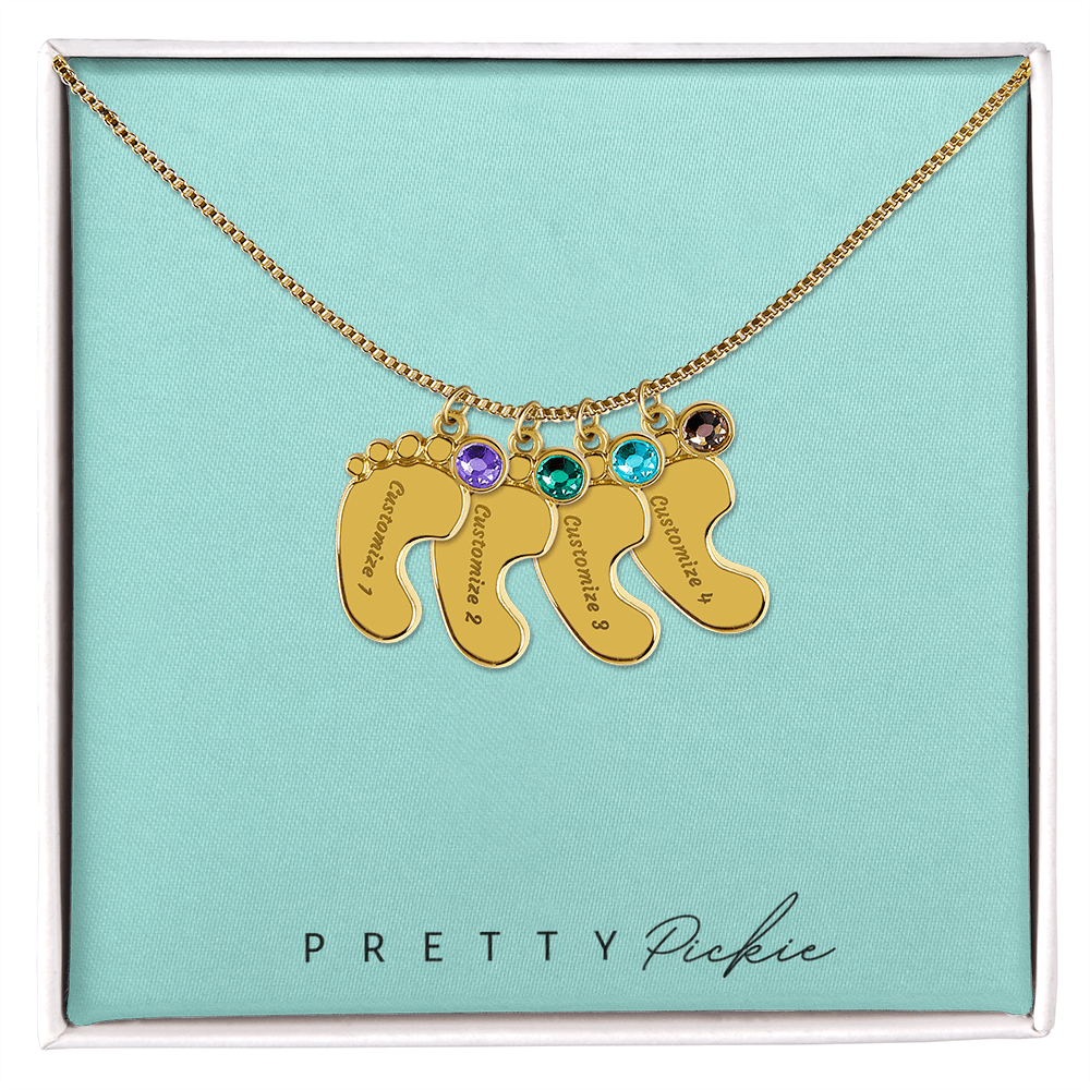 Baby Feet Necklace with Names and Birthstones