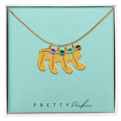 Baby Feet Necklace with Names and Birthstones