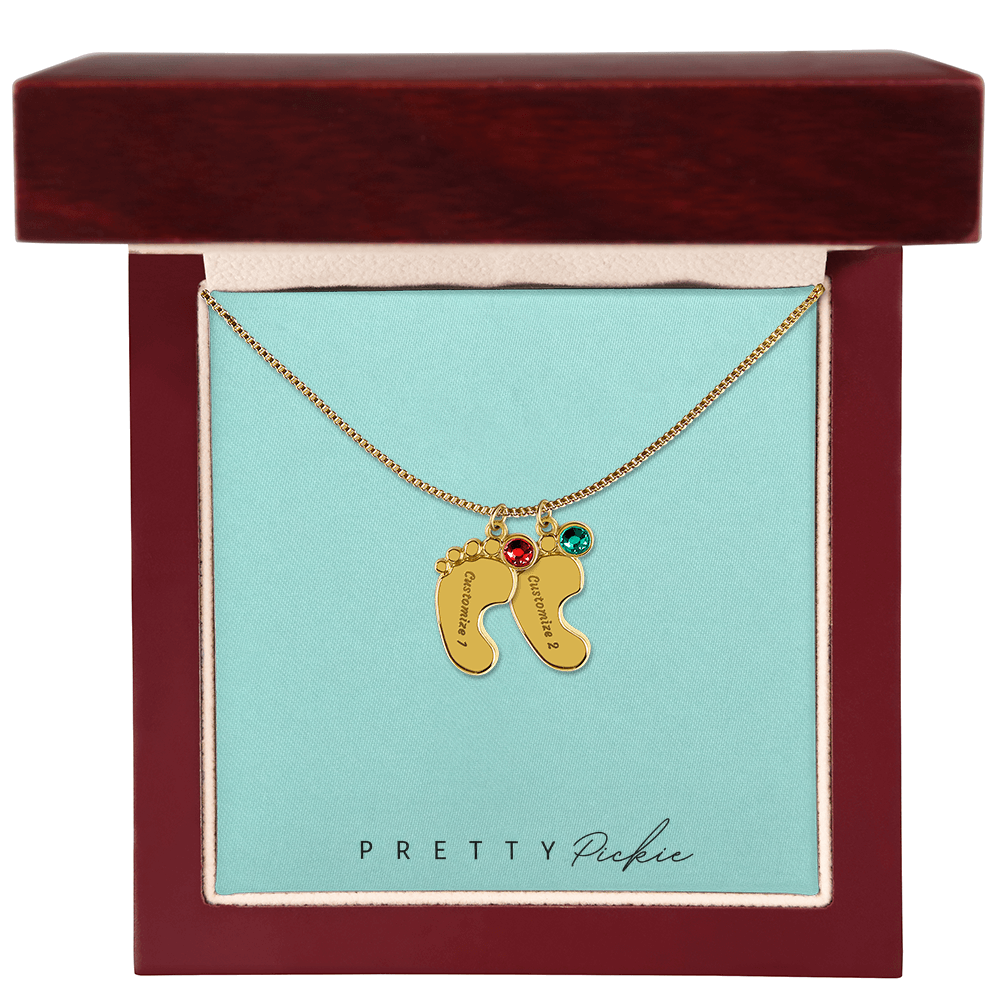 Baby Feet Necklace with Names and Birthstones