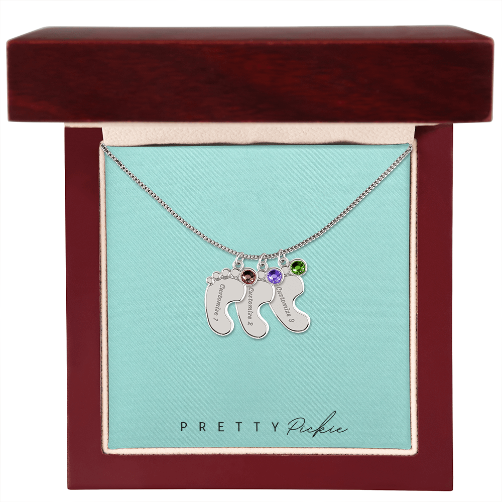 Baby Feet Necklace with Names and Birthstones