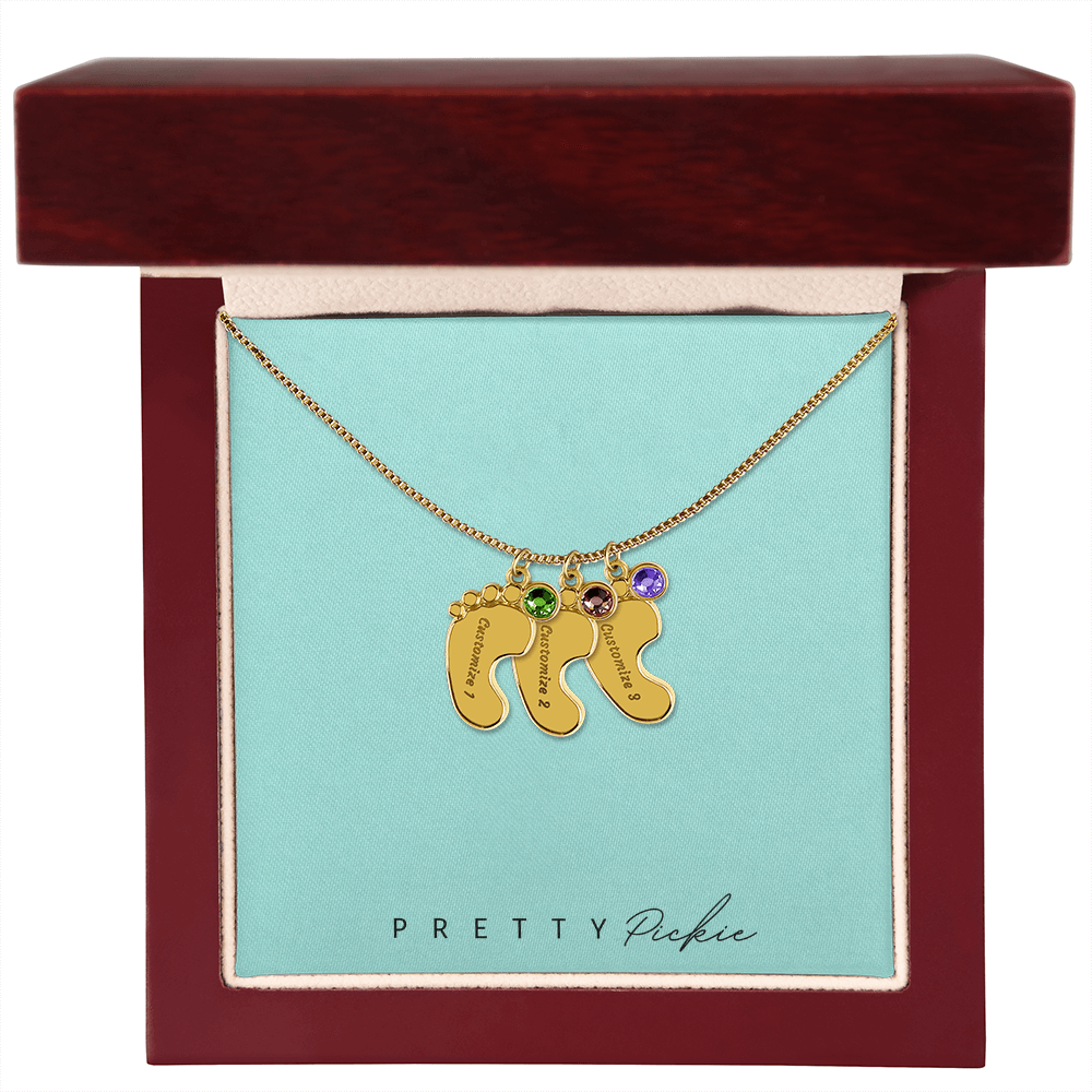 Baby Feet Necklace with Names and Birthstones