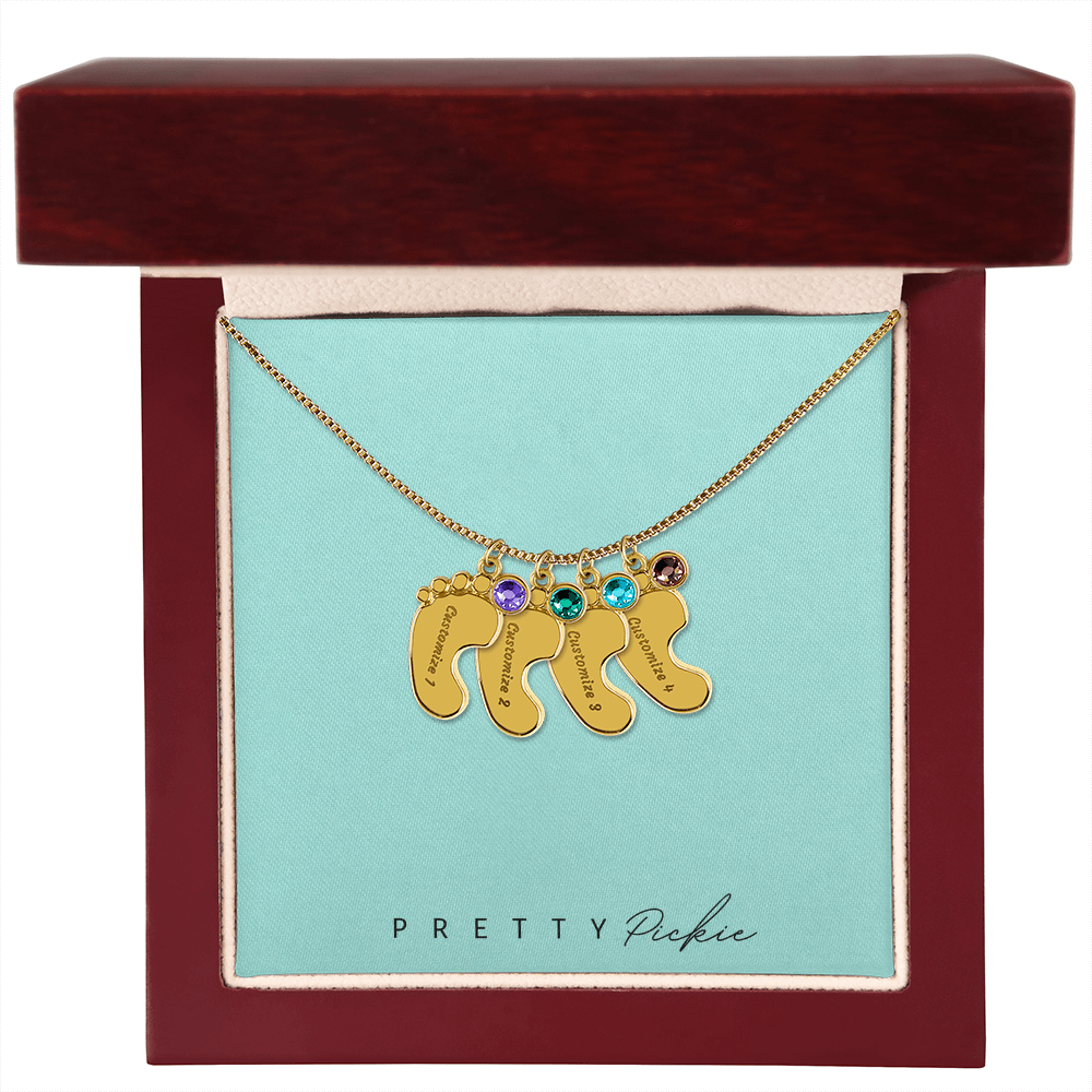 Baby Feet Necklace with Names and Birthstones