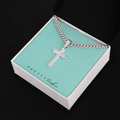 Men's Cross Necklace with Cuban Link Chain, Engraved