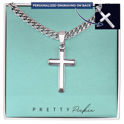 Men's Cross Necklace with Cuban Link Chain, Engraved