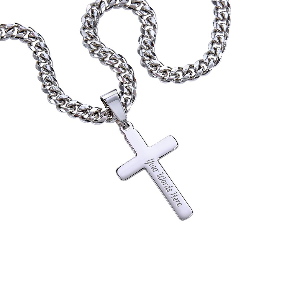 Men's Cross Necklace with Cuban Link Chain, Engraved