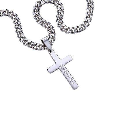 Men's Cross Necklace with Cuban Link Chain, Engraved
