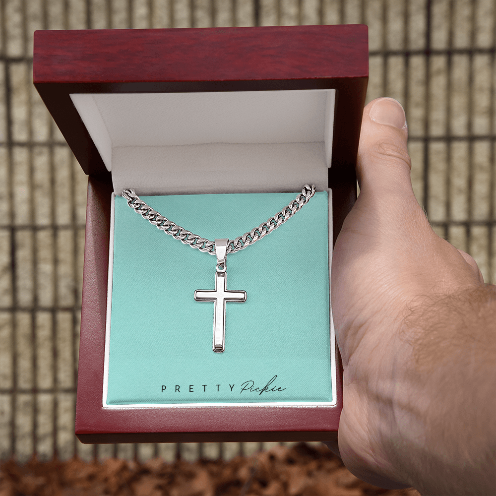 Men's Cross Necklace with Cuban Link Chain, Engraved