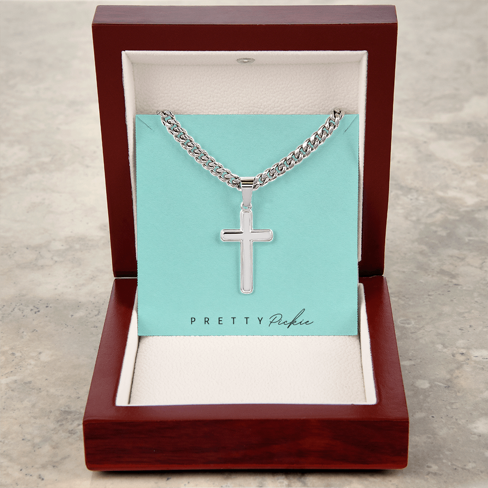 Men's Cross Necklace with Cuban Link Chain, Engraved