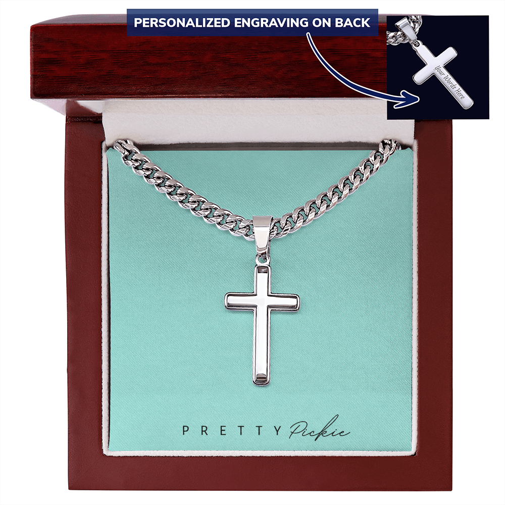 Men's Cross Necklace with Cuban Link Chain, Engraved