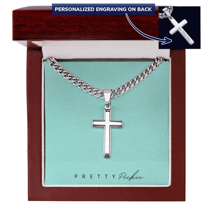 Men's Cross Necklace with Cuban Link Chain, Engraved