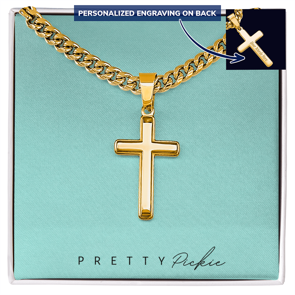 Men's Cross Necklace with Cuban Link Chain, Engraved
