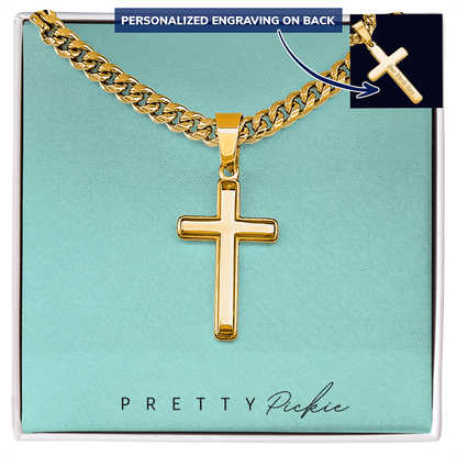 Men's Cross Necklace with Cuban Link Chain, Engraved