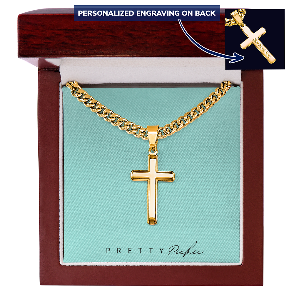 Men's Cross Necklace with Cuban Link Chain, Engraved