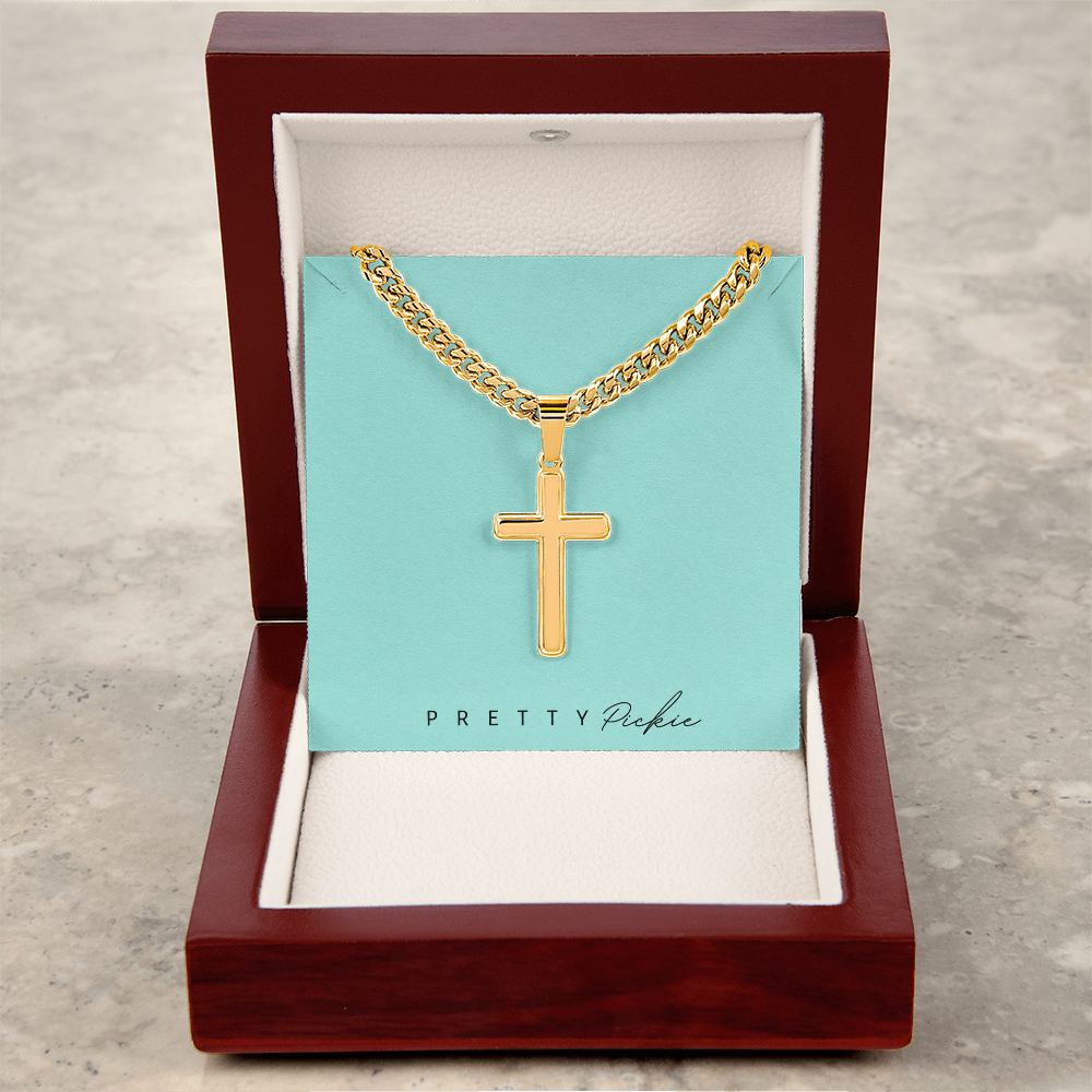Men's Cross Necklace with Cuban Link Chain, Engraved