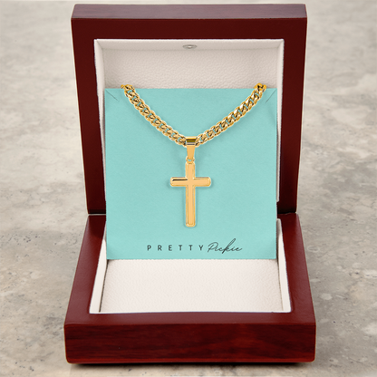 Men's Cross Necklace with Cuban Link Chain, Engraved