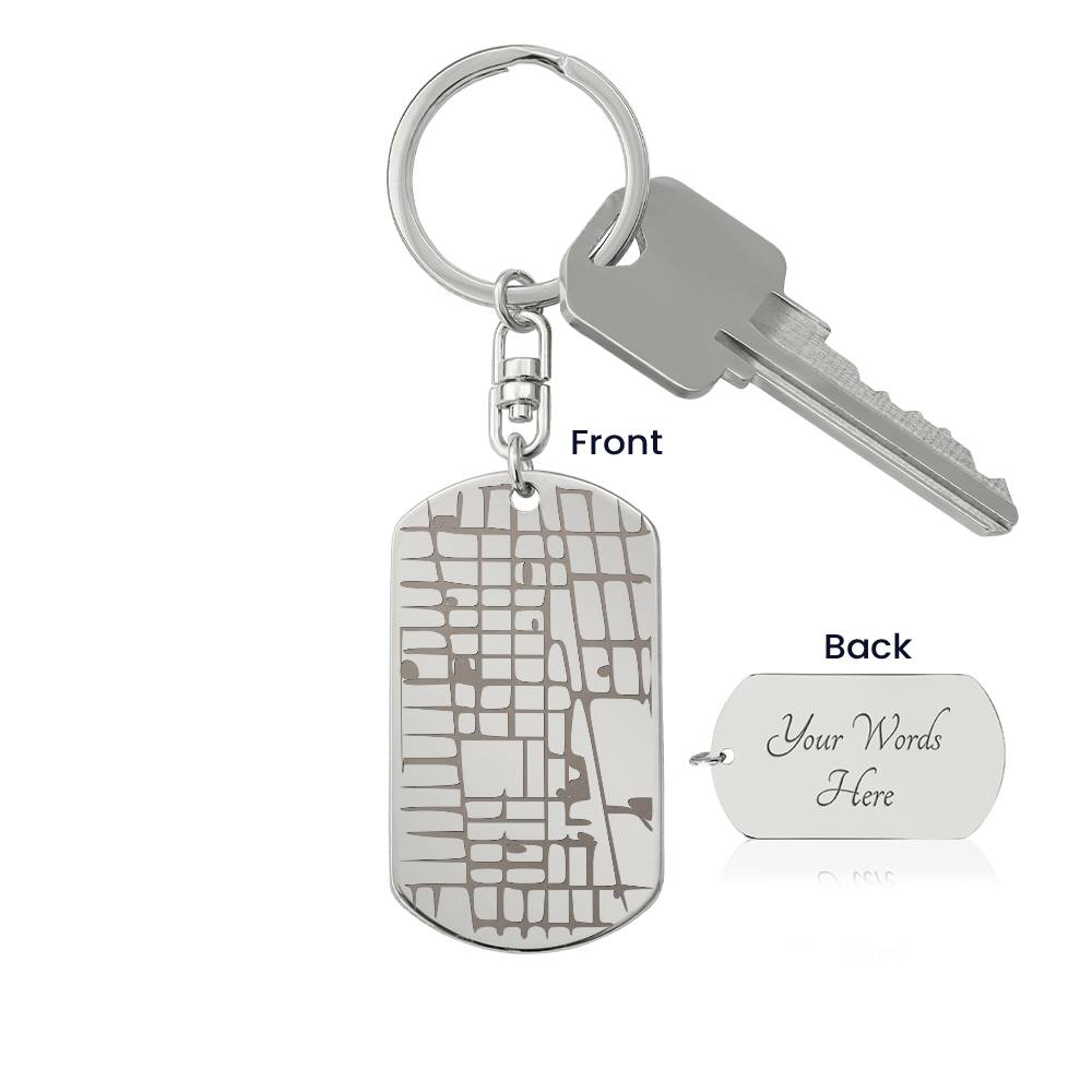Custom Map Keychain, Engraved Dog Tag