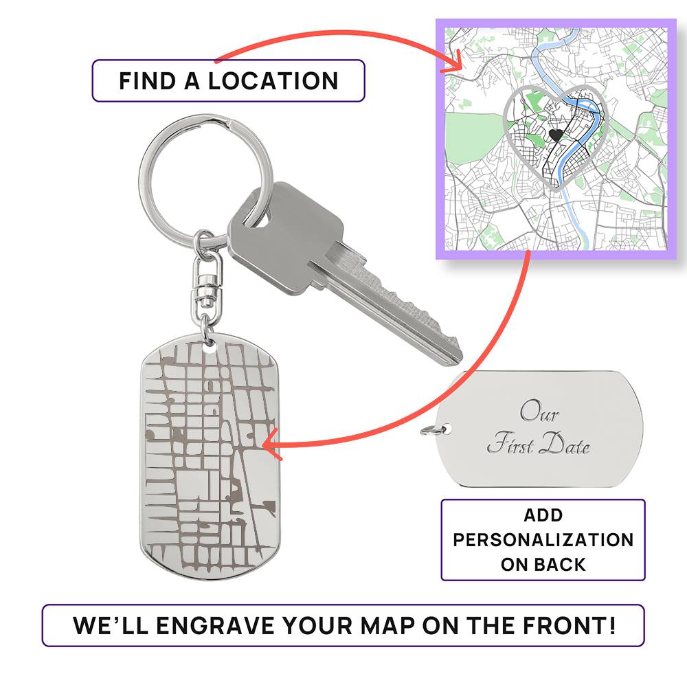 Custom Map Keychain, Engraved Dog Tag