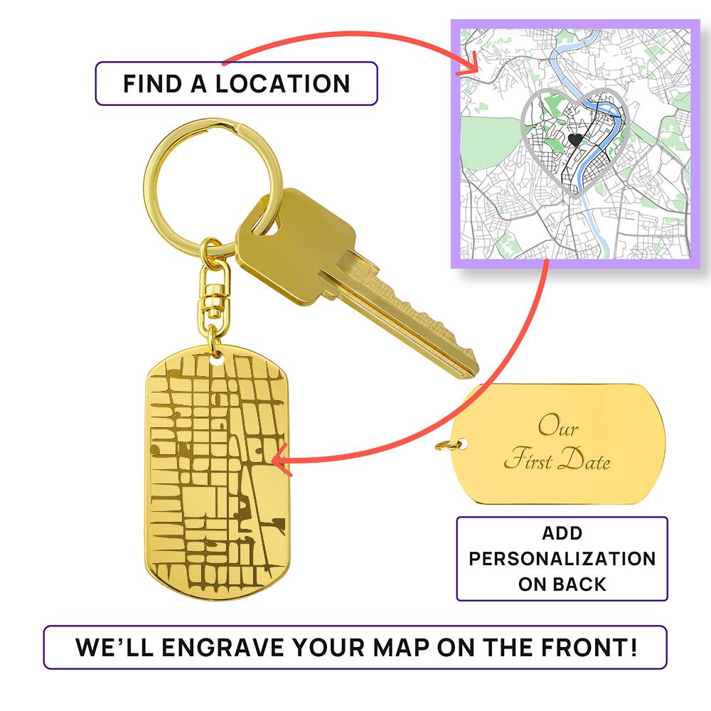 Custom Map Keychain, Engraved Dog Tag